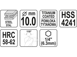 Сверло-шарошка по металлу 10.0мм HSS-TiN с хвостовиком HEX YT-44828