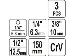 Переходники для шуруповерта под головки 1/4", 3/8", 1/2" 150мм (3щт.) Yato YT-04628