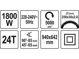 Станок пильный 250мм (1800W, 5000об/мин) Yato YT-82165
