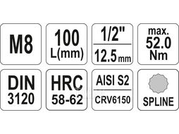 Головка 1/2"- вставка M8 L100мм Yato YT-04352