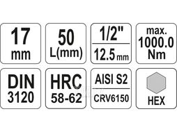 Головка 1/2" - вставка HEX 17 L55мм Yato YT-04388