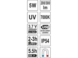Фонарь светодиодный (5W, 300+200lm, 6500K, 3.7V, 2000mAh) Yato YT-08580