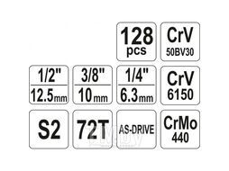 Набор инструмента 1/2", 3/8", 1/4" (128пр.) CrV Yato YT-38872