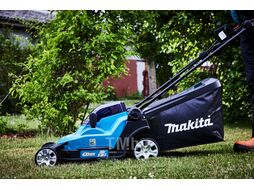 Газонокосилка аккумуляторная MAKITA DLM 432 CT2 (18.0 В, 2 акк., 5.0 А/ч, Li-Ion, шир. 430 мм, выс. 20-75 мм, пластм. корпус, травосборник 50 л.)