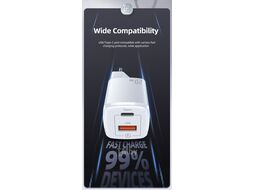 Сетевое зарядное устройство USAMS T37 2xUSB (Type-A+Type-C) 20W белое (EU) CC128TC02