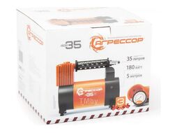 Компрессор воздушный 35 л./мин. 12V/14A, 180W, 10 Атм. съёмный шланг 5 м. клапан для регулир. давления, питание от прикуривателя. переходник с зажимами АКБ, сумка, АГРЕССОР AGR-35
