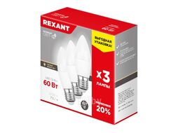 Лампа светодиодная REXANT Свеча CN 7.5 Вт E27 713 Лм 2700 K теплый свет (3 шт.)