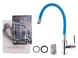Смеситель для кухни Maxonor гибкий излив с гайкой, синий/ хром (MN70112-4)