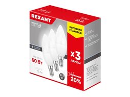 Лампа светодиодная REXANT Свеча CN 7.5 Вт E14 713 Лм 6500 K холодный свет (3 шт.)