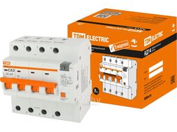 Дифференциальный автомат АД14 4P, C63, 30мА, 4,5кА, тип АС, 5 мод, TDM SQ0204-0145
