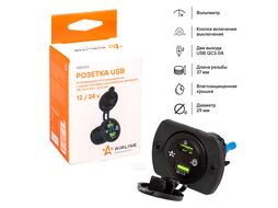 Розетка USB встраиваемая влагозащ. с 2 портами и вольтметр. (вкл выкл) (5В, QC3.0+QC3.0) (AEBJ202)