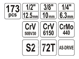 Набор инструмента 1/2", 3/8", 1/4" (173пр.) CrV Yato YT-38931