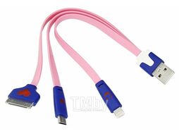 Кабель USB 3 в 1 Lightning/30pin/micro USB/PVC/flat/pink/0,15m REXANT