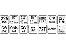 Набор инструмента 1/2", 3/8", 1/4" XXL (225пр.) CrV Yato YT-38941