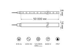 Лента светодиодная 8Вт 2835/120-SMD 220В 200лм/м 6000К NEON (8х16мм) IP67 (уп.50м) GAUSS 311000308