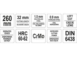 Ножницы по металлу левые 32х260мм CrMo, HRC60-62 Yato YT-1918