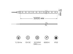 Лента светодиодная Elementary 7.2Вт/м 30LED/м бел. IP20 12В DC (уп.5м) GAUSS 355000307