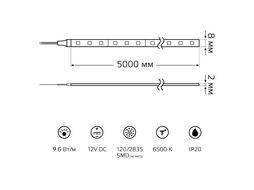 Лента светодиодная 9.6Вт 2835/120-SMD холод. бел. 12В DC (блист.5м) GAUSS 312000310