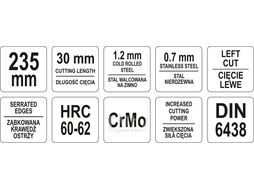 Ножницы по металлу левые 30х235мм CrMo, HRC60-62 Yato YT-1915