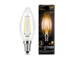 Лампа светодиодная филаментная Filament 5Вт свеча 2700К тепл. бел. E14 420лм GAUSS 103801105