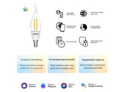 Лампа светодиодная филаментная умная Smart Home Filament 4.5Вт свеча на ветру 2000-6500К E14 495лм измен. цветов. темпер. + диммир. управление по Wi-Fi GAUSS 1280112
