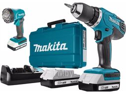 Аккум. дрель-шуруповерт MAKITA DF 457 DWLE в чем. + фонарь (18.0 В, 2 акк., 1.5 А/ч Li-Ion, 2 скор., 42 Нм, шурупы до 10 мм)