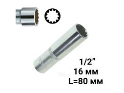 Головка торцевая 16мм 1/2" 12-гранная глубокая L=80мм ЭВРИКА ER-91509-12