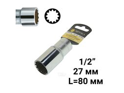 Головка торцевая 27мм 1/2" 12-гранная глубокая L=80мм (с держателем) ЭВРИКА ER-91520-12Н