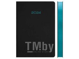 Ежедневник 2024 А5 "Duo" 145*205 мм, 352 стр, черный с голубым, голубой срез, перф., 2 ляссе, тв.обл deVente 2332401