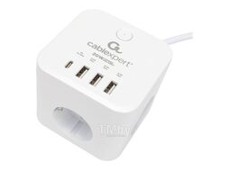 Сетевой фильтр CUBE, 3 розетки с заземлением и защитными шторками, 1xType-C PD, 3xUSB (QC), шнур 1.5м (3*0,75 мм2), ур.защиты 4+, 10А, 2.5 кВт, белый Cablexpert CUBE-3-CU3-W-1.5