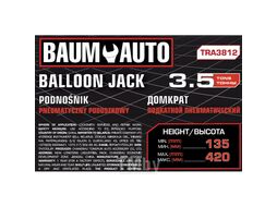 Домкрат подкатной пневматический 3,5т(6-12bar, h min 135мм, h max 420мм, 3 подушки, d270мм) Baum Auto BM-TRA3812