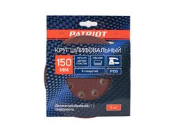 Круг шлифовальный на липучке, 150мм, 8 отверстий, Р100, 5 шт Patriot 820010113