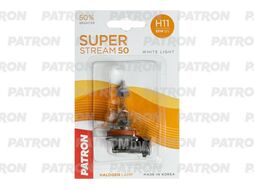 Лампа галогенная блистер H11 12V 55W 3400K PGJ19-2 Super Stream 50 (+50% яркости, стандартный свет, +20м светового потока) PATRON PLH11-12/55-SSB1