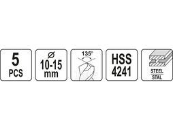 Свёрла по металлу 10, 11, 12, 13, 15мм (набор 5шт) HSS 4241 Yato YT-44622