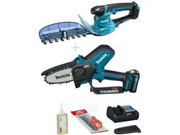 Комплект аккум. кусторез MAKITA UH 201 DZ + аккум. цепная пила UC100DWA (12.0 В, БЕЗ АККУМУЛЯТОРА, длина ножа 200 мм, шаг ножа: 26 мм, вес 1.3 кг)