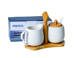 Сахарница + сливочник фарфоровые на бамбуковой подставке 19,8*8,8*17 см Fresca PJ03438