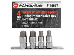 Набор головок-бит Hex 6-гранных, 4 пр. (Н12,Н14,Н17,Н19мм; L-55мм), на планке Forsage F-40917