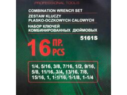 Набор ключей комбинированных дюймовых 16пр.(1/4, 5/16, 3/8, 7/16, 1/2, 9/16, 5/8, 11/16, 3/4, 13/16, 7/8, 15/16, 1, 1-1/16, 1-1/8, 1-1/4мм)на полотне Rock FORCE RF-5161S