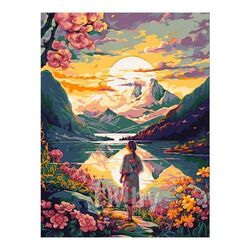 Набор для рисования по номерам, картина 31х40 см "Восход в горах" (холст на подрамнике, краски, кисть) LORI Рх-133