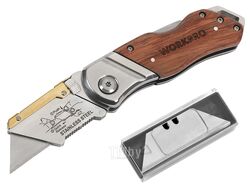 Нож универсальный складной со сменными лезвиями и деревянной рукояткой WORKPRO WP211014