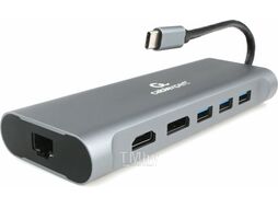 Переходник USB C A-CM-COMBO8-01 Gembird USB-CM 8-в-1 (Hub3.0 + HDMI + VGA + DP + PD + GLAN + кардридер + стерео-звук) Cablexpert