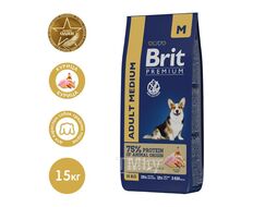 Корм сухой для взрослых собак средних пород с курицей Dog Adult Medium, 15 кг Brit Premium 5049967