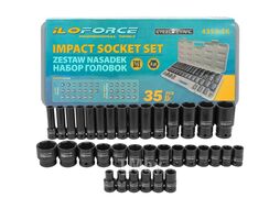 Набор головок ударных 35 пр. (короткие 38мм: 8-23, 24, 27, 30, 32мм, глубокие 78мм: 10, 12-19, 21, 22, 24, 27, 30, 32мм) в пласт.кейсе ILOforce IF-4353-5K