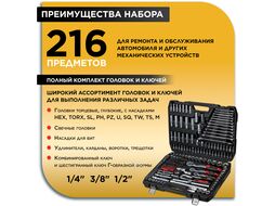 Набор головок и ключей 216пр. 1/4",3/8",1/2" PRO STARTUL STUTTGART (PRO-216S) (6 граней)