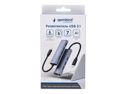 Хаб USB C UHB-U3P7-02 Gembird 7хUSB3.1, с доп.питанием (порт Type-C), OTG, кабель Type-C 19см, алюминий