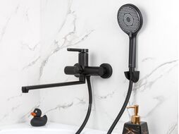 Смеситель для ванны (Lt) D35, серия Lotus черный, (На стену, Длинный поворотный L-излив) A-five A5-0633