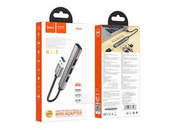 Хаб USB HOCO HB26 6931474765468 4port 3xUSB2.0+ USB3.0, кабель 13см, темный алюминий