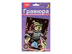 Набор для детского творчества - Гравюра новогодняя с эффектом голографик малая "Мишка-фигурист" LORI Гр-929