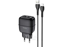 Сетевое зарядное устройство C77A, 2хUSB-А, 2.4A + кабель (AM-8pin (Lightning), 1 м, черный Hoco 6931474723567