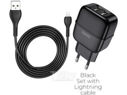 Сетевое зарядное устройство C77A, 2хUSB-А, 2.4A + кабель (AM-8pin (Lightning), 1 м, черный Hoco 6931474723567